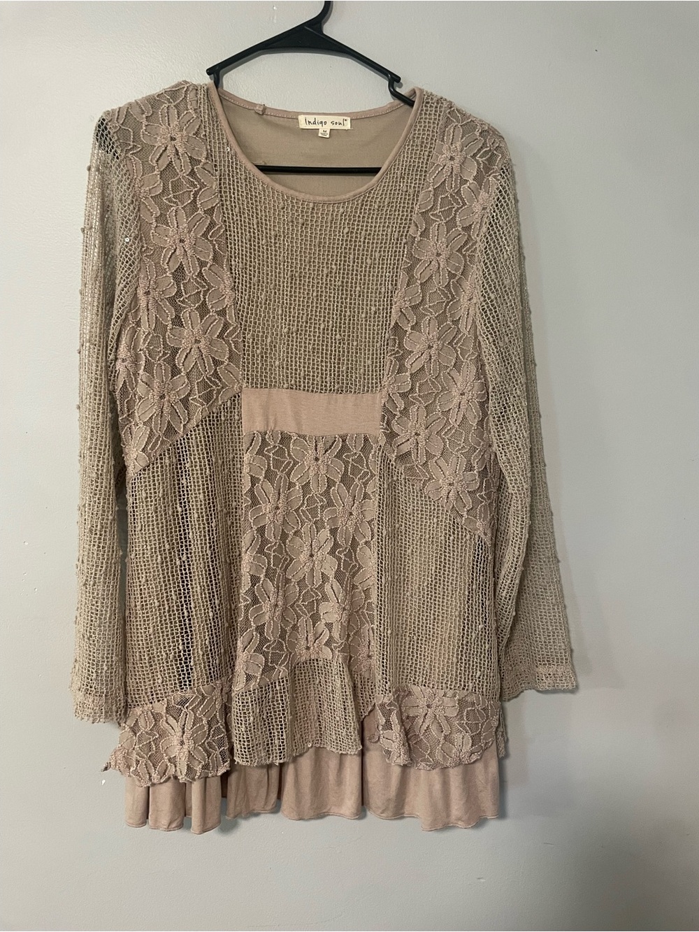 Indigo Soul Boho Cottagecore Beige Lace & Crochet Layered Knit Tunic Medium